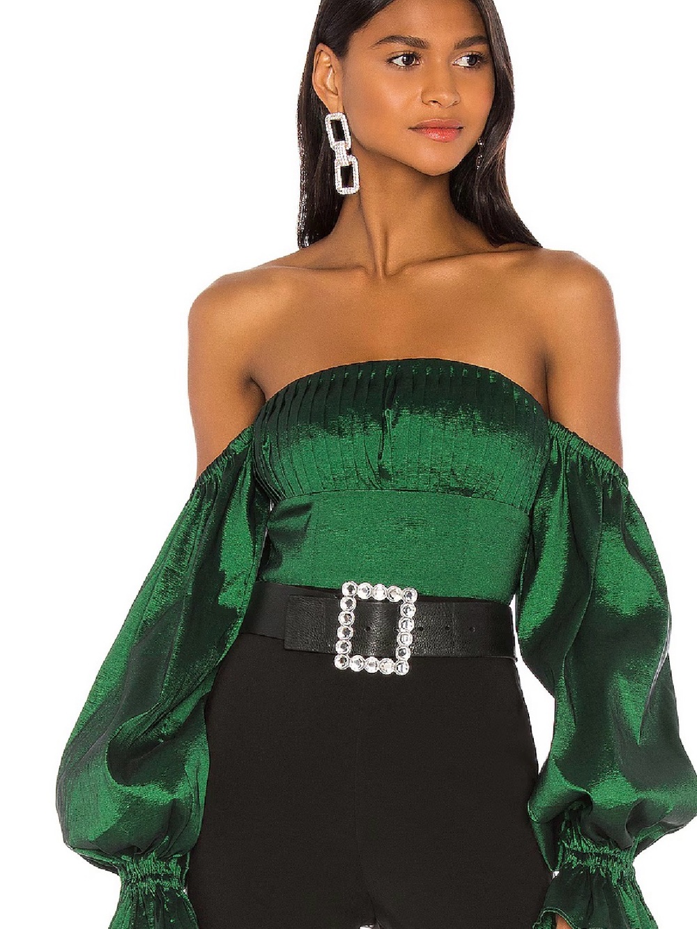 Lovers + Friends Emerald Green Off-Shoulder Satin Blouse